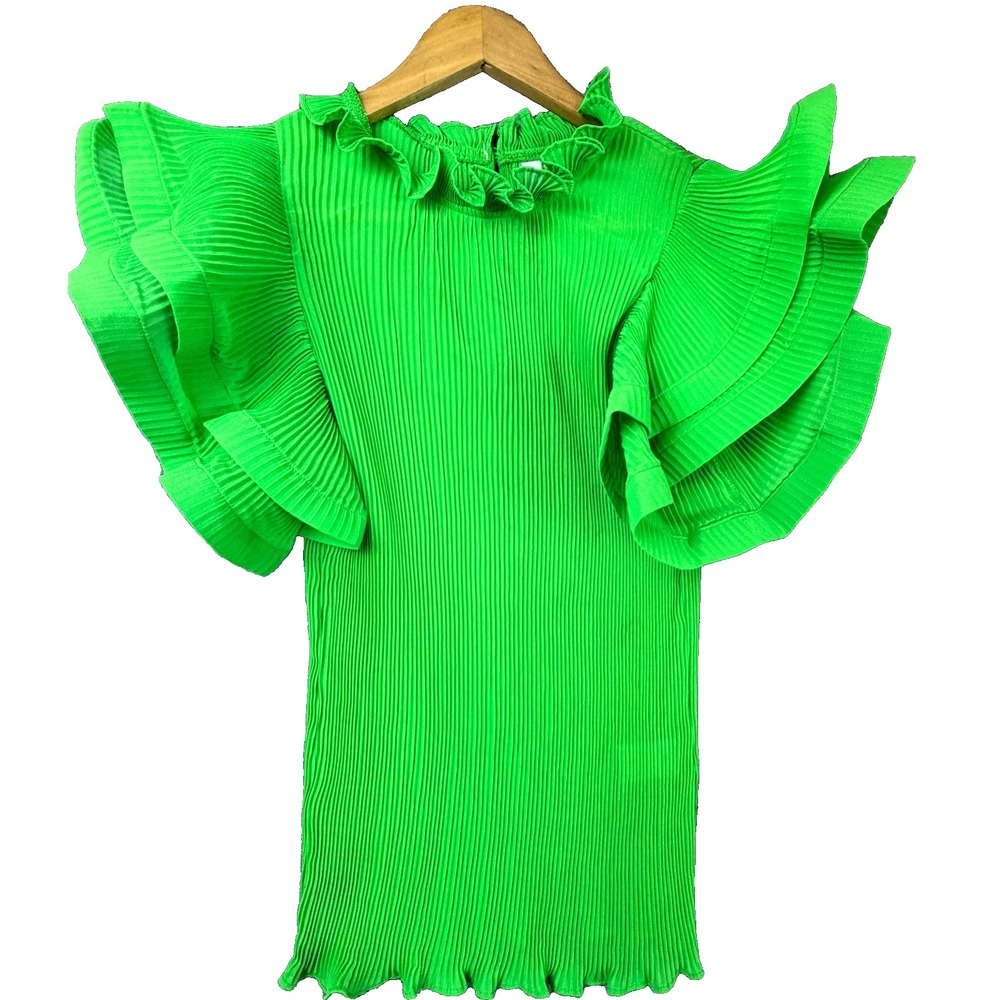 Lovesong Blouse Top Womens Large Green Pleated Tiered Ruffle Sleeve Summer Party